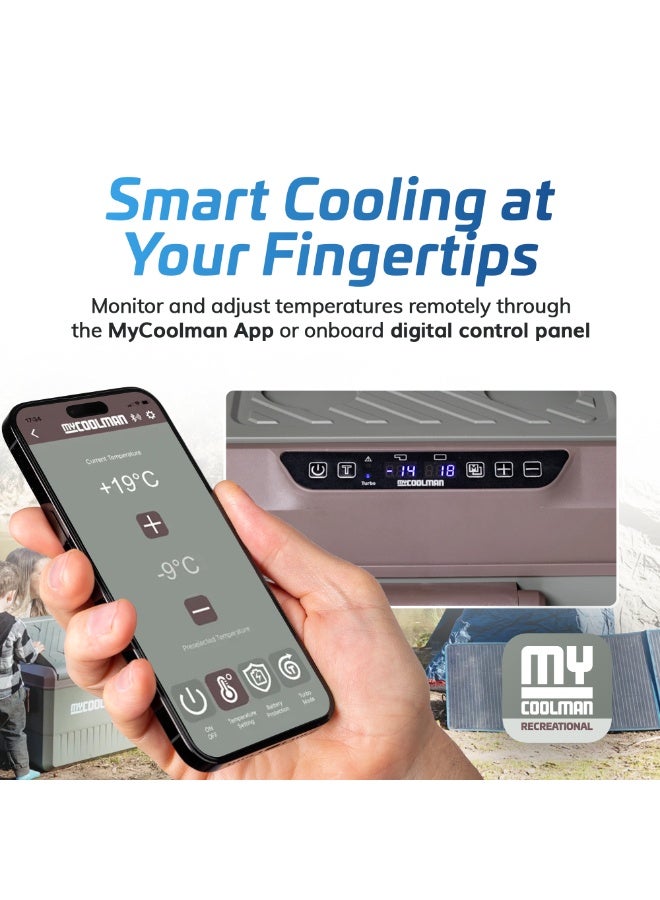 myCOOLMAN 55 سلسلة الترفيه ذات المنطقتين – ثلاجة ومجمد محمول بسعة 55 لتر، –20 °م إلى +10 °م مناطق مزدوجة قابلة للتعديل، 12/24 فولت تيار مستمر، تحكم عبر تطبيق بلوتوث، حماية البطارية وتصميم منخفض الارتفاع - Image 2